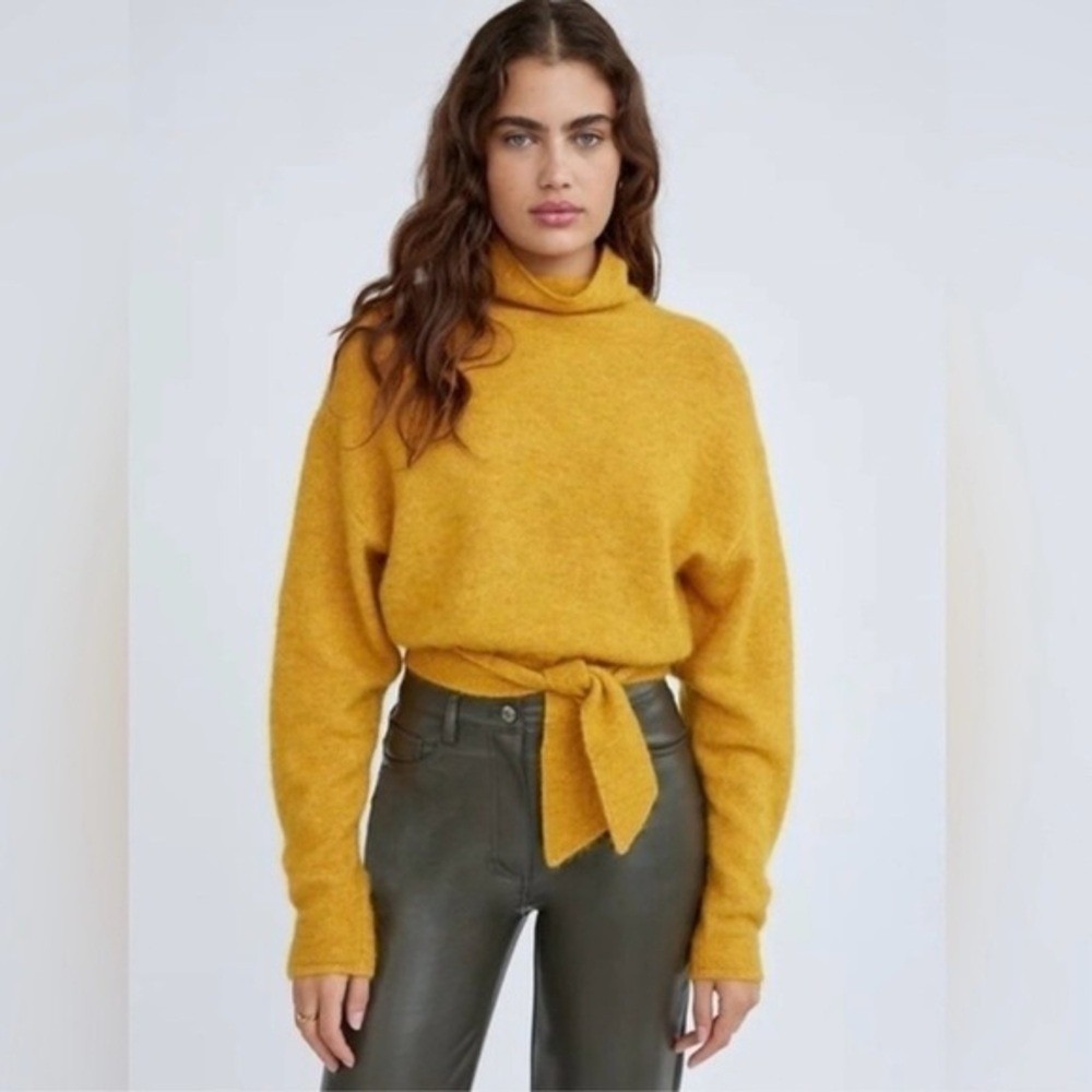 ARITZIA WILFRED Lorin Funnel Neck XS Ochre Alpaca Blend Sweater Waist Tie Indie
